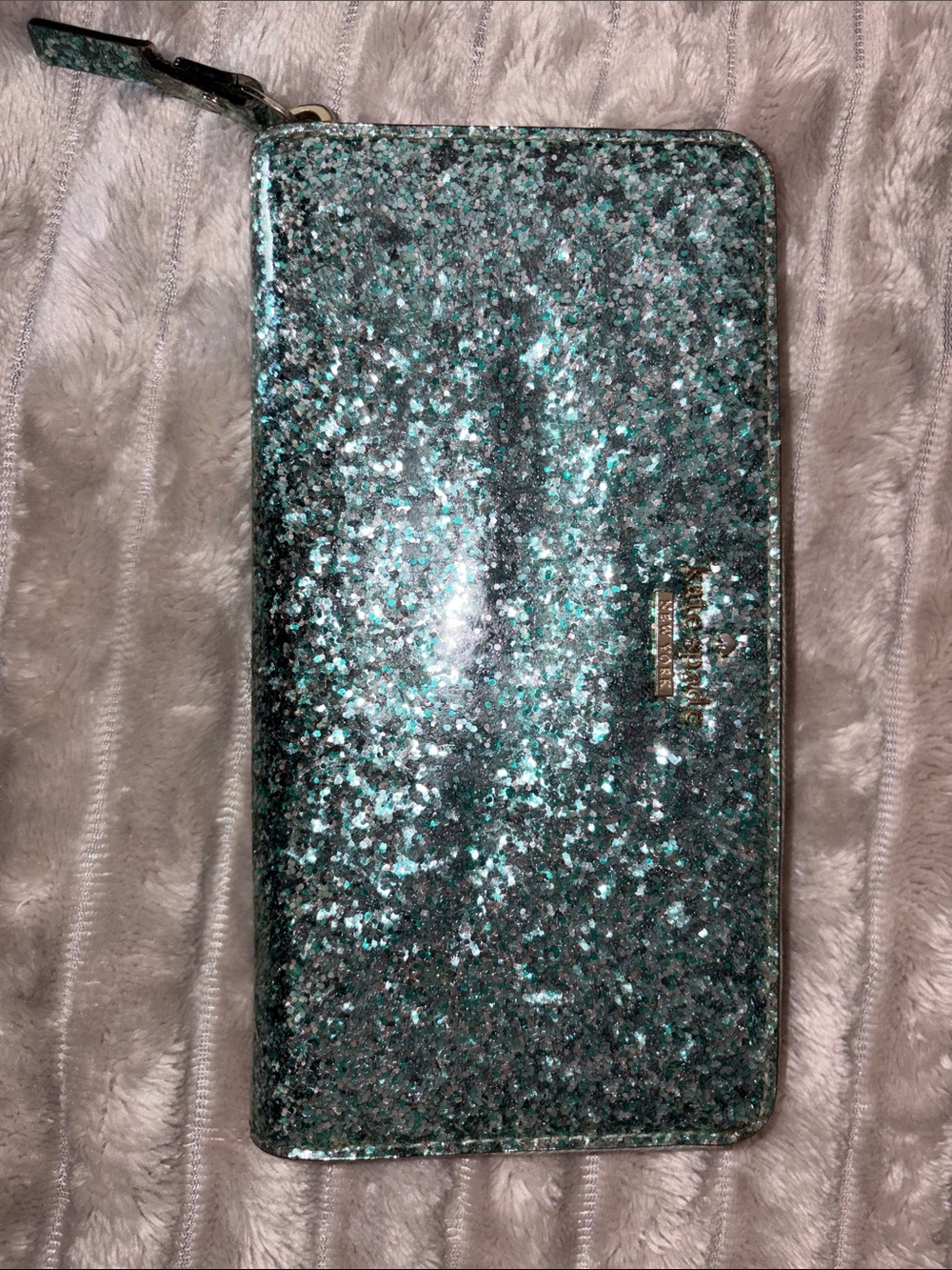 kate spade Teal and Silver Glitter Zip Wallet